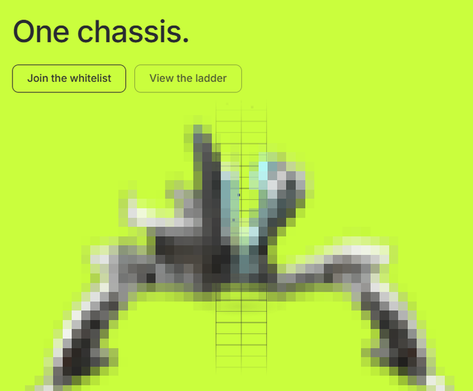 A bright neon yellow website landing page displays the headline 'One chassis.' with two buttons labeled 'Join the whitelist' and 'View the ladder', featuring a glitchy pixelated abstract image below.