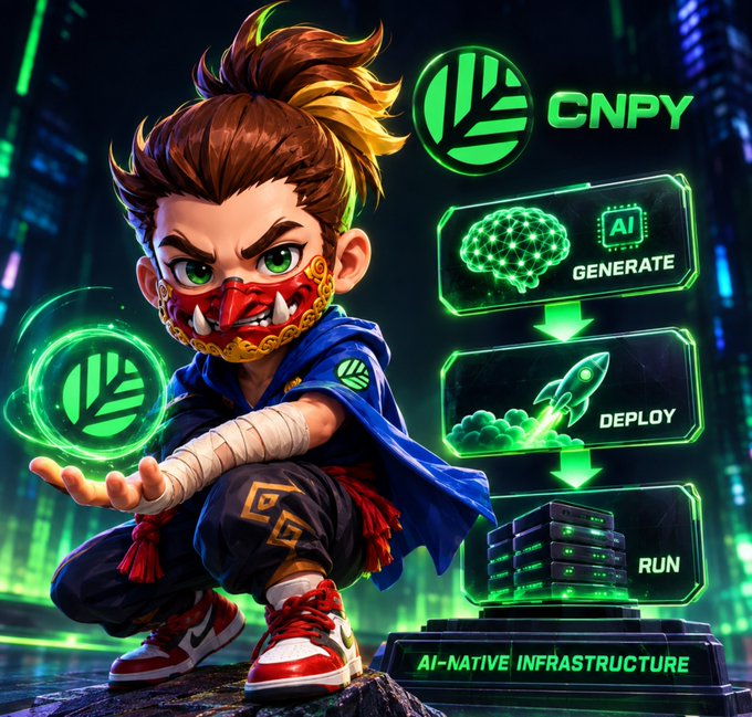 An anime-style ninja character wearing a red mask and blue outfit stands next to a flowchart labeled 'CNPY' showing 'AI GENERATE', 'DEPLOY', and 'RUN' for 'AI-NATIVE INFRASTRUCTURE'.