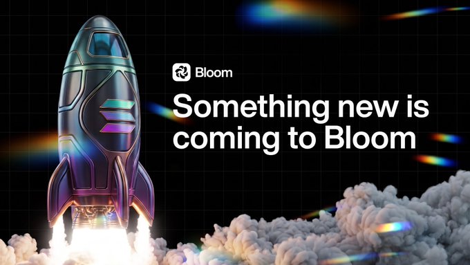 A promotional graphic for Bloom featuring a metallic rocket ship and the text 'Something new is coming to Bloom' against a sky background.
