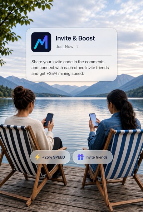 A mobile app screen overlay titled "Invite & Boost" appears over an image of two women sitting in striped chairs by a lake, promoting "+25% mining speed" for inviting friends.