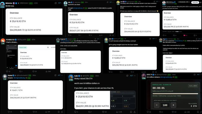 A collage of tweets displaying crypto wallet balances with massive ETH holdings, including accounts showing "25,618.92 ETH" ($64,390,849.72), "10,889.47 ETH" ($25,228,799.22), and "18,421.7 ETH" ($40,034,645.29), alongside promotional content like "Blukry raised 25k ETH" and "$6 million dollars giveaway," capturing the euphoric, wealth-displaying atmosphere that defined the NFT bull market's peak.