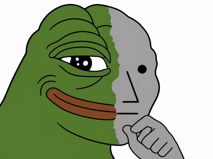 A Pepe the Frog meme split down the middle—one side the vibrant green original (representing $PEPE's 2023 run) and the other a gray, expressionless "NPC" face with a small black dot for an eye (representing the $NPC token), directly visualizing the contrast between organic meme energy and the blank, manufactured enthusiasm of the next 2026 iteration.