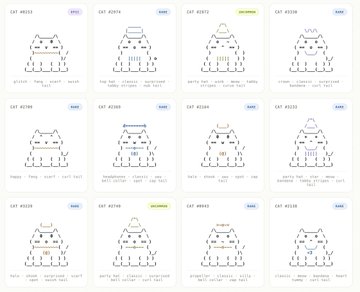 A grid displays twelve ASCII art cat designs, each labeled as "Cat #" followed by a number (e.g., #5316, #3976, #3972), with names like "Tracy," "Rabbit," and "Monaco" shown beneath. The post highlights that these are on-chain NFTs of kittens featuring pure text-character ASCII art rather than traditional images.