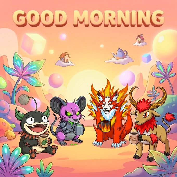 A colorful digital illustration with the text 'GOOD MORNING' at the top, showing four cartoon fantasy creatures including a purple mouse, an orange fox, and a deer with antlers holding coffee mugs in a whimsical landscape.