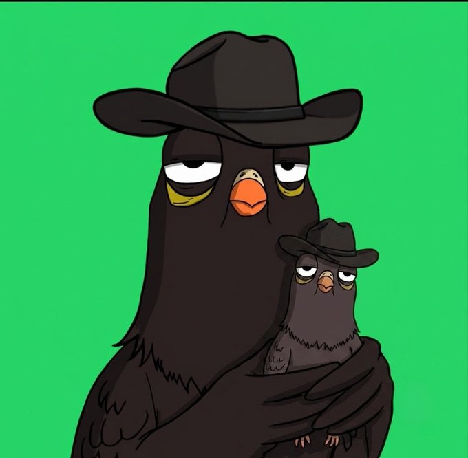 The image features a cartoon depiction of a bird wearing a hat, holding another bird that appears to be a pigeon or a crow. The bird with the hat has a black coloration and is wearing a cowboy hat. The other bird is also black in color but does not have a hat on it. The background of the image is green, which contrasts with the black elements of the cartoon birds. There are no texts present in the image, and the focus seems to be on the interaction between the two birds rather than any additional information or context provided by the caption.