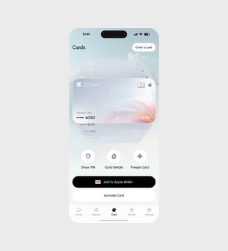 A Zenvest mobile app screen displays a virtual card with a "**** 6050" number, an "Order a card" button, and quick action icons for "Share PIN," "Card Details," and "Freeze Card," with an "Add to Apple Wallet" option. The interface aligns with the post by showcasing card controls, activity, and balance management in a single, streamlined flow.