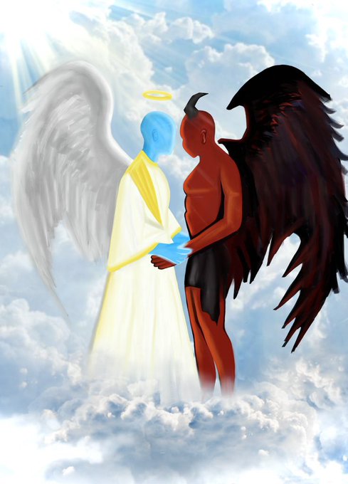 A digital painting depicting an angel with white wings and a halo holding hands with a red demon with black wings, set against a cloudy sky.