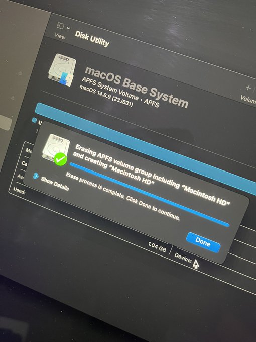 A Mac Disk Utility screen shows the successful completion of erasing the APFS volume group and creating a new "Macintosh HD" on macOS 14.8.9 (23L651), with the message "Erase process is complete. Click Done to continue."—a moment of triumph that resonates with the nerd's joy of a clean install.