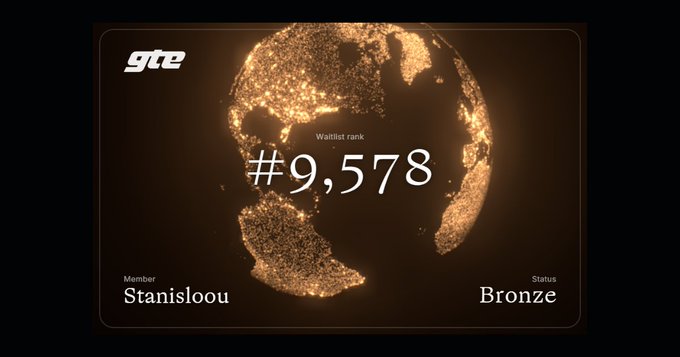 A "GTE" digital display shows member "Stanisloou" holding wallet rank #9,578 with Bronze status, overlaid on a glowing particle-style globe. The image relates to the post by visually reinforcing GTE's identity as a platform aggregating multiple exchanges (Hyperliquid, Solana, Polymarket, Kalshi, Robinhood, NYSE, Shanghai), with the illuminated globe symbolizing its "layer above" these markets and the rank reflecting user participation in the ecosystem.
