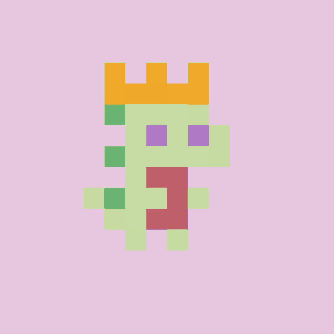 A pixel-art dinosaur (dino) wearing an orange crown, rendered in blocky green, yellow, and pink tones against a soft pink background. The image visually represents the "Tiny Dinos" NFT project mentioned in the post, with the crown highlighting the popular trait the user mentions grabbing before only 87 remained listed.