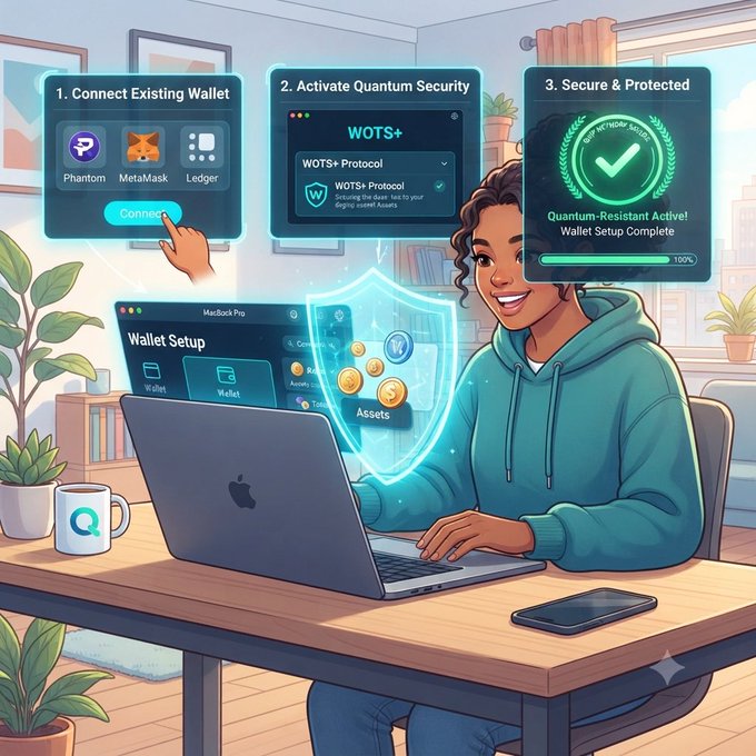 A digital illustration of a person at a laptop showing a three-step crypto wallet setup process: '1. Connect Existing Wallet' (Phantom, MetaMask, Ledger), '2. Activate Quantum Security' with WOTS+ Protocol, and '3. Secure & Protected'.