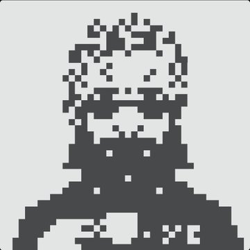 A pixel-art style bust portrait of a bearded figure wearing glasses and a cap, rendered in a limited black-and-white palette.