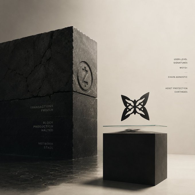 The image features an advertisement for Zcash, a cryptocurrency wallet. It showcases a black cube with a butterfly design sitting atop of it. The butterfly is made out of metal or stone, adding a unique touch to the display. The background of the image is white and gray, providing contrast to the colorful butterfly. The text in the image reads "Zcash stopped producing blocks for more than four hours on June 3. Not a hack. Not a quantum attack. A network-level stall that halted every pending transaction on the chain simultaneously. The cause is almost irrelevant. The failure mode is the point." This advertisement highlights the importance of Zcash's blockchain technology and its ability to halt any unauthorized transactions in real-time, emphasizing its security features.