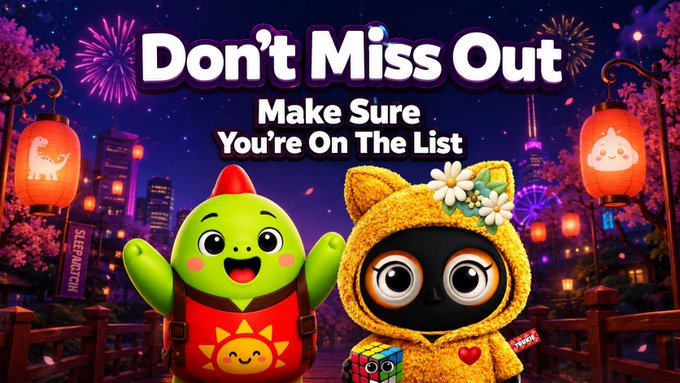 The image features two cartoon characters dressed up for sleepovers - a green frog wearing a yellow hoodie and a black cat with a red bow around its neck. The text "Don't Miss Out" is displayed above them, along with an instruction to make sure they are on the list. The post also mentions that people often forget to connect everything together in their posts.