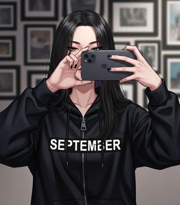The image shows an illustrated young woman with long black hair taking a mirror selfie with her iPhone, wearing a black hoodie with "SEPTEMBER" printed across the front, with framed pictures visible on the wall behind her. The illustration's aesthetic and "Good Night" message align with the post's nighttime farewell vibe, suggesting an artistic self-portrait bidding viewers goodnight.