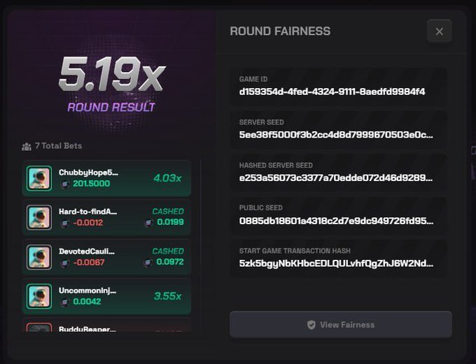 A "Round Fairness" result screen displays a 5.19x round outcome on solpump.io, listing bettors like ChubbyHopeS (4.03x, 201.5000) and UncommonInj (3.55x, 0.0042) alongside game IDs and server seeds—visually confirming the "juicy cook" referenced in the promotional post for thedefiape.