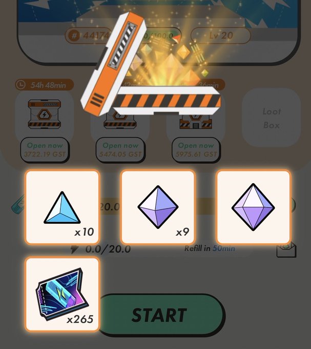 A mobile game screenshot shows a construction barrier and boxes appearing to break through the screen, with rewards displayed including x10 blue gems, x9 purple gems, and x265 cards, alongside a "START" button, loot boxes, and a 54h 48min timer. The text "Res. 41395.6 Box lv10" from the post appears to reference the visible "Loot Box" feature and a level 20 indicator, likely referring to the player's in-game resources and box level in the STEPN app.