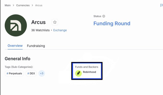 Screenshot of a Crunchbase-style project page for "Arcus," an Exchange-listed cryptocurrency with 36 watchlists and tags including Perpetuals and DEX, showing its status as "Funding Round" with Robinhood listed under "Funds and Backers."