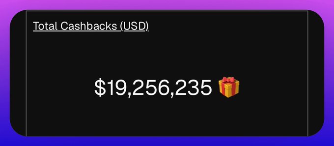 A dark card on a purple background displaying 'Total Cashbacks (USD)' of $19,256,235 with a gift box emoji.