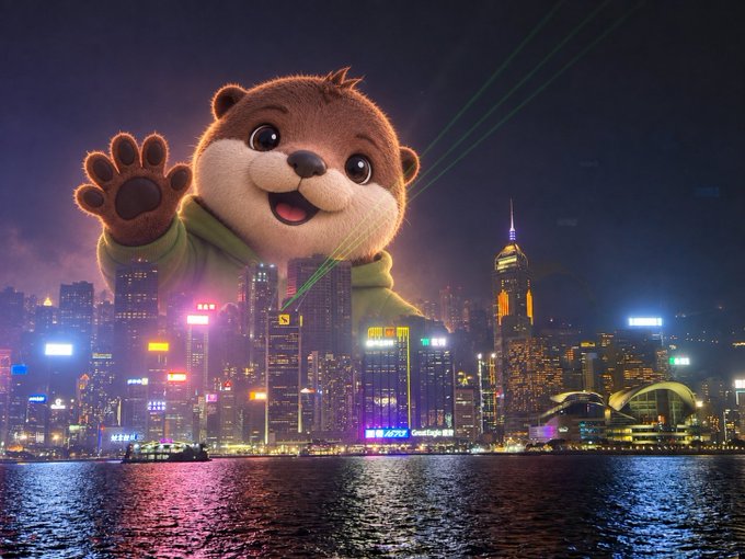 Digital artwork or animation showing a giant cute otter-like mascot character wearing a green hoodie towering over a neon-lit Hong Kong city skyline at night, with a green laser beam shooting across the sky.
