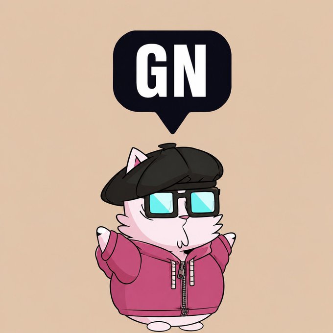 A cartoon white cat wearing a black beret, blue-tinted glasses, and a pink hoodie has a speech bubble above it saying 'GN' (good night).