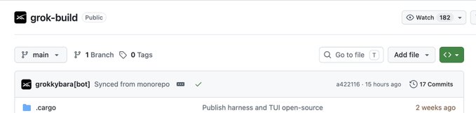 A GitHub repository page for 'grok-build' (Public), showing the main branch with a recent commit 'grokkybara[bot]: Publish harness and TUI open-source' from 2 weeks ago.