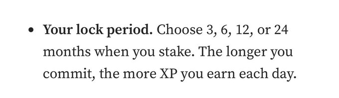 The image displays a bullet point describing a staking feature where users can choose lock periods of 3, 6, 12, or 24 months to earn daily XP, with longer commitments yielding greater rewards. This relates to the post's humorous speculation about what a hypothetical 10-year lockup period offering 5x XP on OMI tokens might look like, playing on the idea that extended commitment periods significantly boost rewards compared to the current maximum of 24 months.
