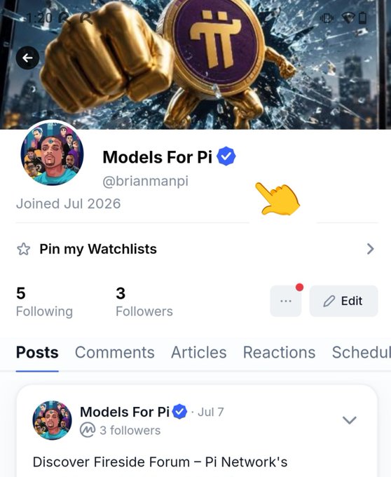 A screenshot of the verified "Models For Pi" @brianmanpi CoinMarketCap profile page, showing the account joined in July 2026 with 5 following and 3 followers, with a pointing hand highlighting the username to promote following the community page. The accompanying post from the account invites Pi Network pioneers to follow the "Models For Pi" page on CoinMarketCap to help it gain traction on the platform.