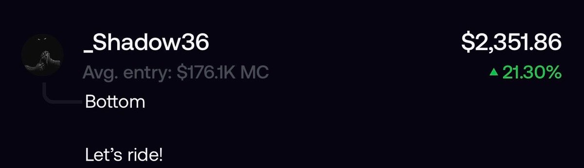 Trading screenshot showing a user '_Shadow36' with average entry $176.1K MC, current value $2,351.86, up 21.30%, indicating a 'Bottom' call with 'Let's ride!' message.