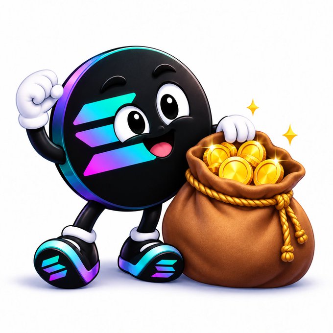 A cheerful, anthropomorphic Solana (SOL) coin mascot flexes its arm next to a brown sack overflowing with gold coins, visually representing wealth and holding conviction. The image ties to the post by playfully suggesting loyalty to a favorite SOL-based coin, with the gold bag symbolizing the gains from holding.