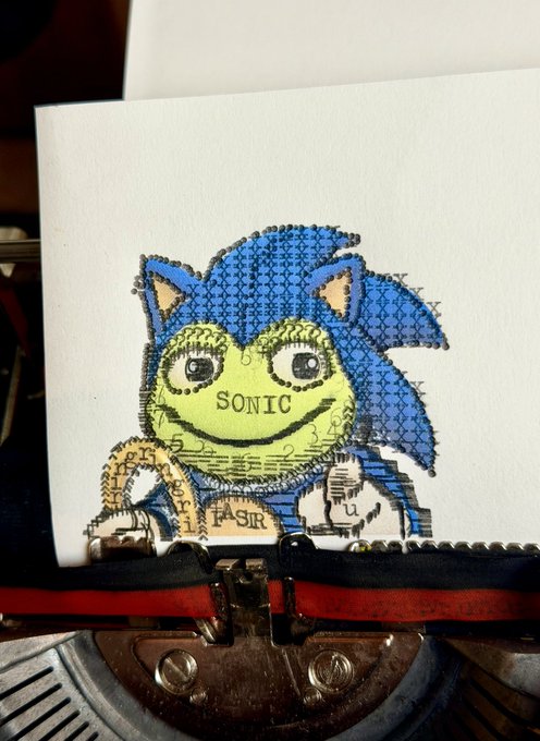 A mixed-media artwork on paper in a typewriter featuring a blue and green character labeled "SONIC" and "ASTR" in a pointillist/pixelated style.