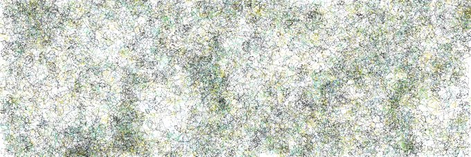 An abstract textured artwork featuring a tangled web of green, white, and grey lines resembling branches or a chaotic mesh pattern.