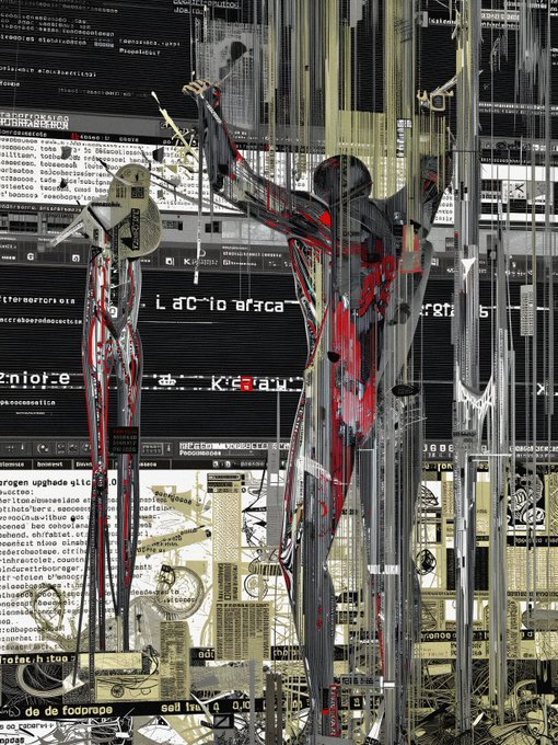 Abstract digital artwork featuring fragmented humanoid figures overlaid with distorted text, code snippets, and glitch effects.