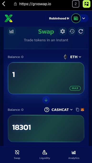 A screenshot of the grxswap.io website shows a token swap interface exchanging 1 ETH for 18,301 CASHCAT tokens, connected via a Robinhood MetaMask wallet.