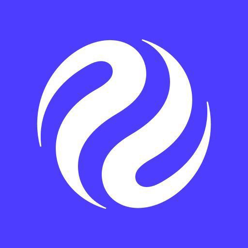 A white logo resembling stylized waves or the letter 'S' on a solid blue background.
