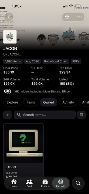 A mobile app screenshot showing a JACON NFT item with a floor price of $30.19, 1,995 items, 24h volume of 29.0K, and 1.6K holders, with a pixelated computer character displaying a question mark.