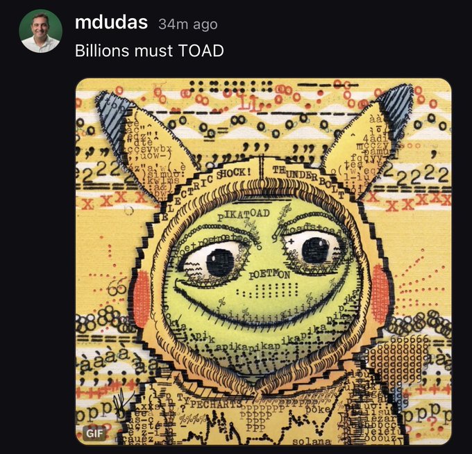 A Reddit post from user 'mdudas' with the caption 'Billions must TOAD' over an animated GIF artwork of a frog face made from chaotic, glitchy code and symbols.