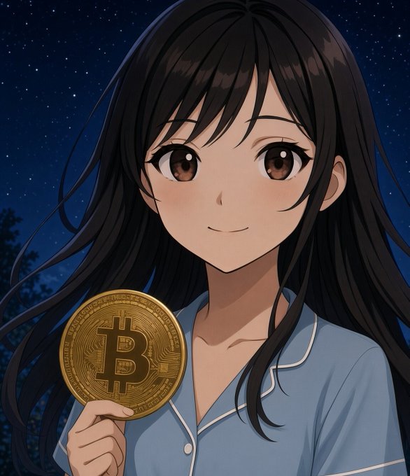 An anime-style illustration of a smiling young woman with long dark hair holding a large gold Bitcoin coin against a starry night sky background.