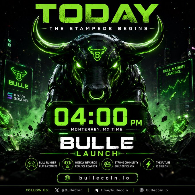 A promotional graphic for 'BULLE LAUNCH' announces 'TODAY THE STAMPEDE BEGINS' at 04:00 PM Monterrey, MX time, featuring a glowing green robotic bull and the website bullecoin.io.