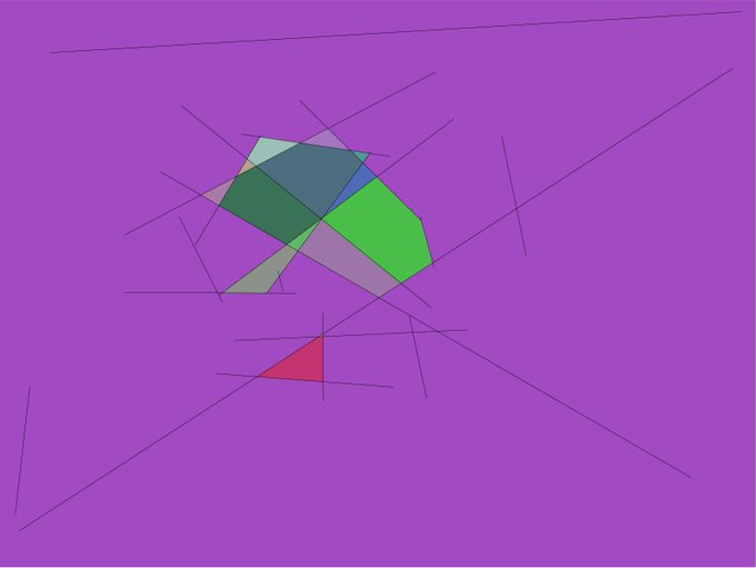 An abstract digital drawing featuring overlapping geometric shapes in green, blue, and red scattered across a magenta background, intersected by thin, dark straight lines.