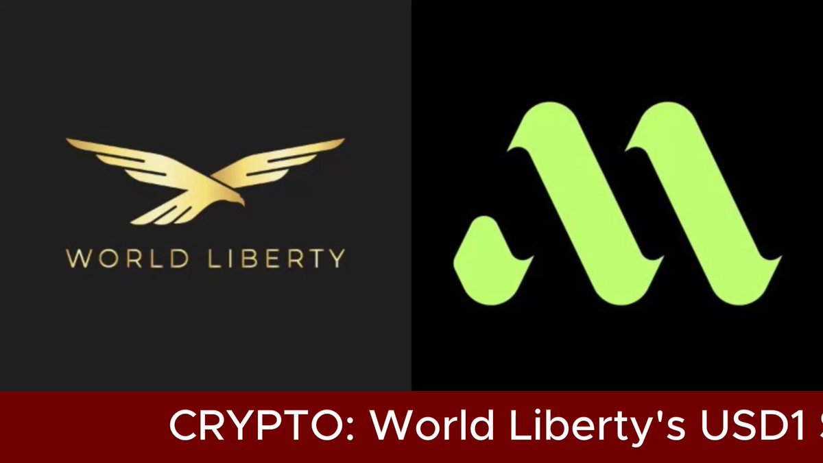 The image features two logos side-by-side with the text "Crypto: World Liberty's USD1 Stablecoin Is Coming to Mova Chain" written below them. The first logo is a black square with a gold eagle, while the second logo is a green square with an "M". Both logos are located in the top left corner of the image. The text above the logos reads "Crypto: World Liberty's USD1 Stablecoin Is Coming to Mova Chain", which indicates that the integration of stablecoins on the @MovaChain network will be secured by the Naoris Protocol, ensuring a decentralized and secure environment for users.