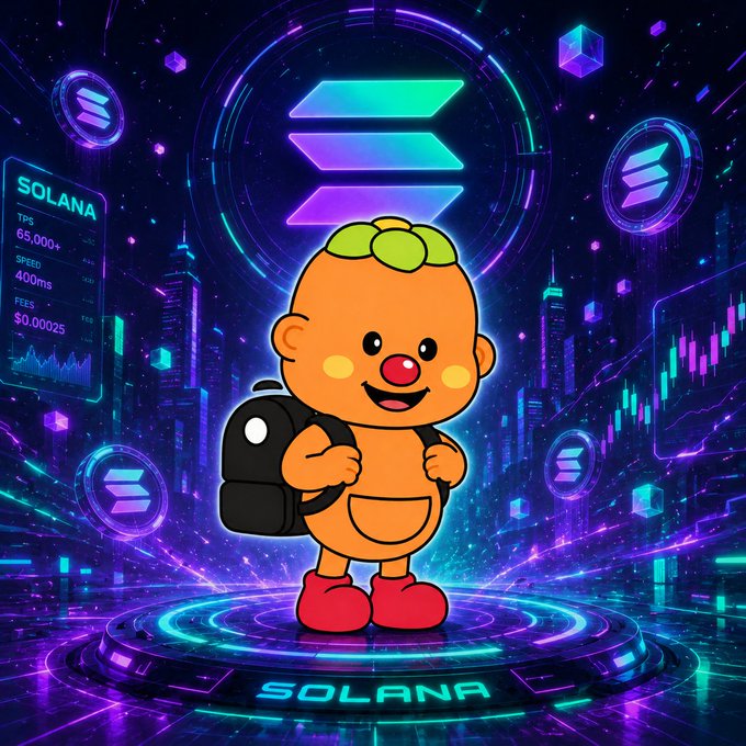 A cartoon character wearing a backpack stands in front of a Solana logo, with stats showing TPS 65,000+, SPEED 400ms, and FEES $0.00025.