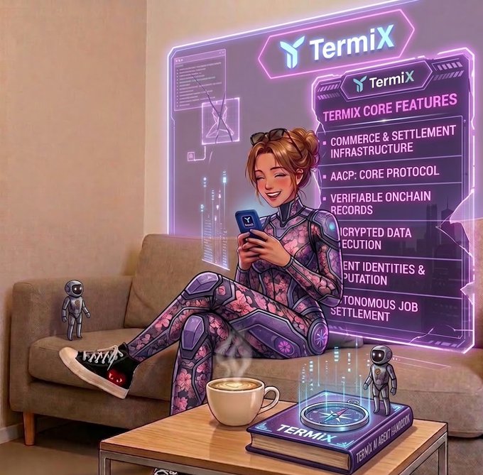 A digital artwork promoting TermiX, showing an anime-style woman in a floral bodysuit holding a phone, with feature panels listing commerce infrastructure, AACP protocol, verifiable records, encrypted data, identities, and autonomous job settlement.