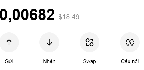 A mobile app interface displays a balance of "0,00682" alongside "$18,49", with navigation buttons labeled "Gửi", "Nhận", "Swap", and "Cầu nối".