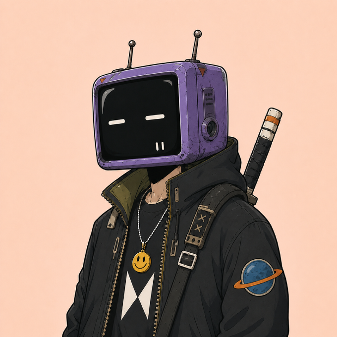 A Robo Hood character with a purple TV head, black jacket, smiley pendant, and sword stands ready for the Tuesday mint.