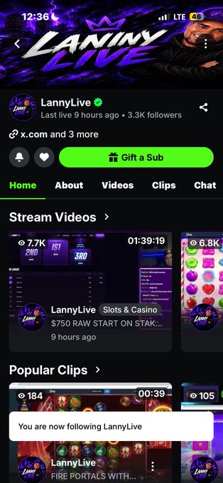 A mobile screenshot of the LannyLive channel page showing 3.3K followers, a 'Gift a Sub' button, and stream videos including 'LannyLive Slots & Casino $750 RAW START ON STAK...' and 'FIRE PORTALS WITH...'. A notification reads 'You are now following LannyLive.'