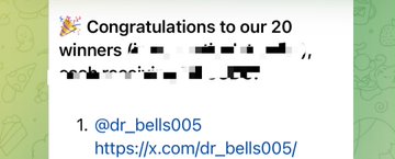 A blurry vertical congratulatory graphic reads “Congratulations to our 2D winners,” followed by obscured names and links including “@dr_bells005” and “https://jx.com/dr_bells005/.”