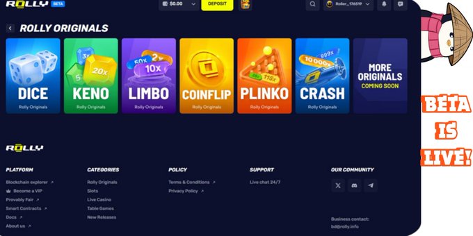 The image shows the "Rolly Beta" interface displaying six original crypto casino games—Dice, Keno, Limbo, Coinflip, Plinko, and Crash—along with a "More Originals Coming Soon" tile, with a sidebar announcing "BETA IS LIVE!" This visual aligns with the post's experience of testing Rolly's beta, highlighting the crash and plinko games the user played along with the variety of original games and onboarding features being built around the platform.