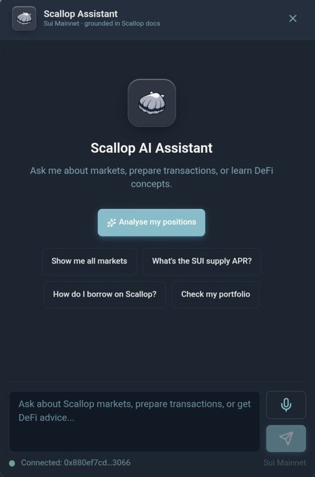 A screenshot of the 'Scallop Assistant' AI chat interface on Sui Mainnet, featuring prompts like 'Analyse my positions' and 'Show me all markets'.