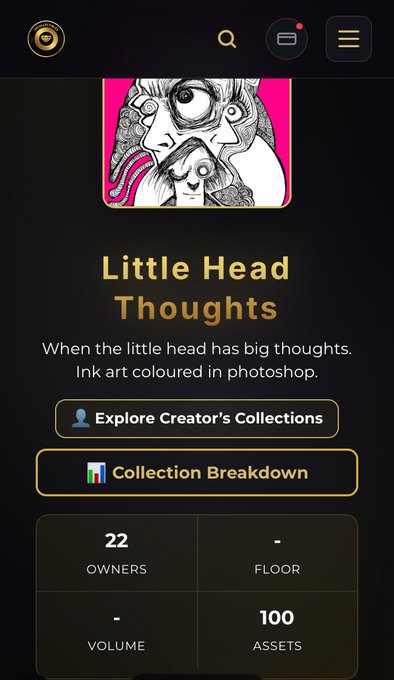 A mobile screenshot shows the "Little Head Thoughts" NFT collection page, featuring surreal ink-art style artwork with pink coloring and displaying key stats: 22 owners and 100 assets. This relates to the accompanying post celebrating the collection being sold out among all 22 holders.